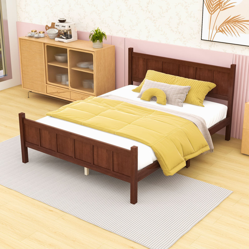 Lit plateforme en bois avec tête de lit, pied de lit et pieds centraux, Grand lit, Noyer foncé