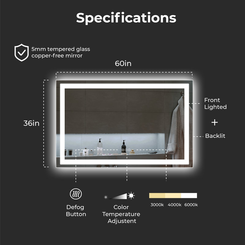 Miroir de salle de bain sans cadre à DEL, 40 po x 60 po