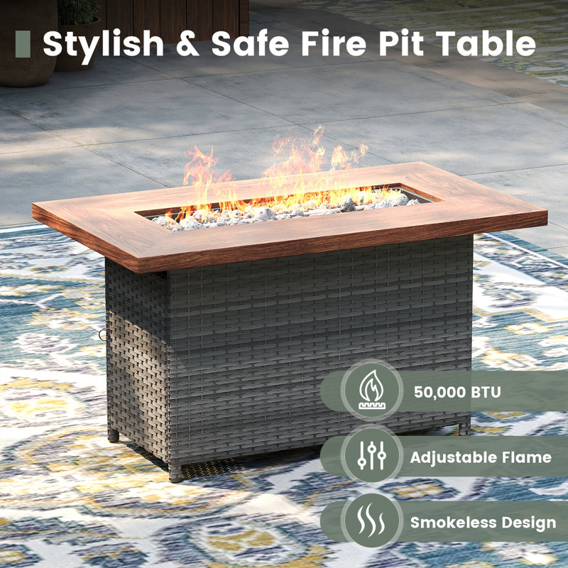 Eldert 7-Person Outdoor Conversation Set with 3-seat Sofa, Sofa Chairs, Swivel Rocking Chairs, Rattan Firepit Table, and Ottomans