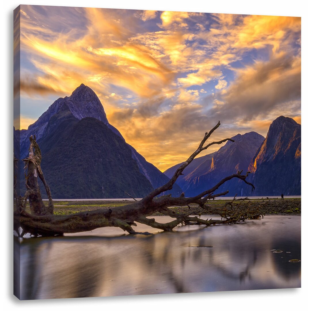 Leinwandbild Entwurzelter Baum in wunderschöner Berglandschaft