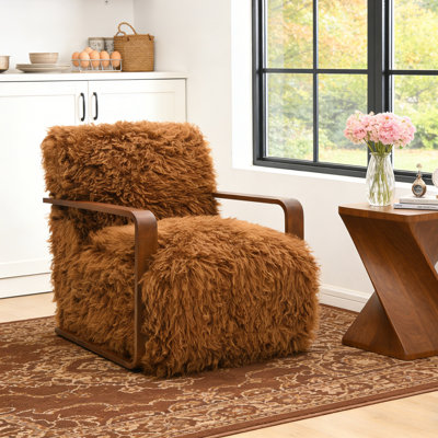 Fauteuil d'appoint en fausse fourrure de 28,3 po de largeur, fauteuil rembourré avec accoudoirs courbés en bois, dossier et siège serrés, fauteuil de salon, chambre à coucher