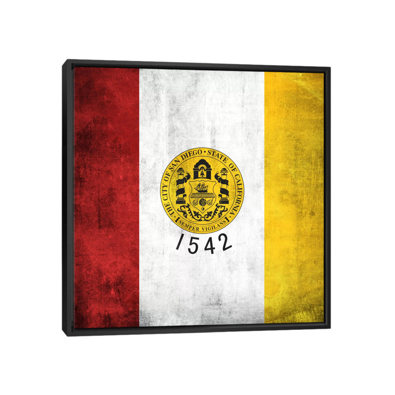 « san diego flag, grunge », impression sur toile, H 26 po x l 26 po x P 1,5 po, Toile avec cadre noir, Pas de tapis