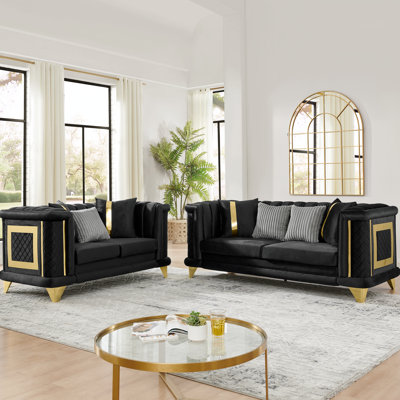 2Pcs Black Velvet In Mid Century Modern Victorian Style, Gold Trims, 89 Inches 3 Seater & 69 , Couch, 7 Pillows For Home Living Room Decor With Design, Cozy Room,