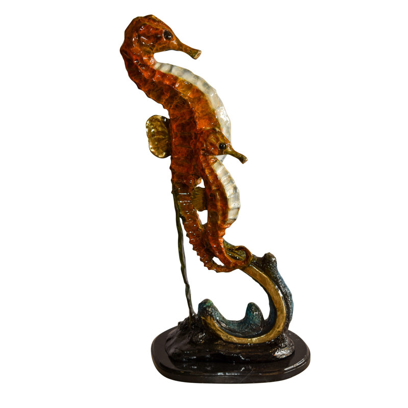 Statue de deux chevaux de mer abstraits et géométriques nageant dans l'océan Bhavi 13 po x 9 po x H 28 po