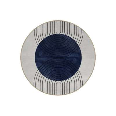 Machine Washable Geometric Circle Stripe Patterned Blue and Gray Round Woven Base Area Rug