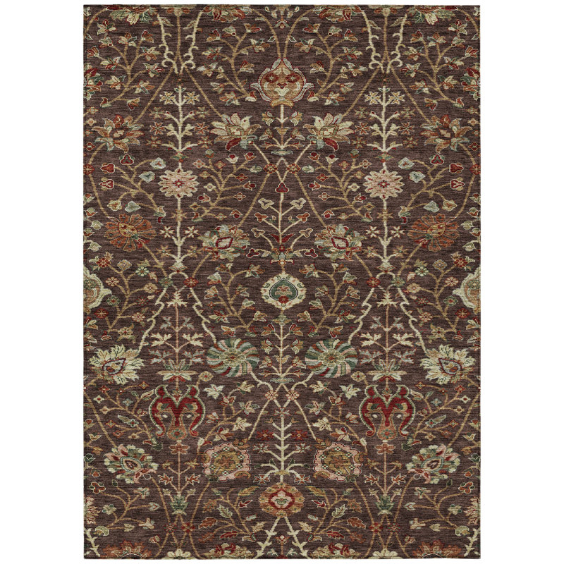 3' X 5' Chocolate Tan And Green Floral Washable Indoor Outdoor Area Rug