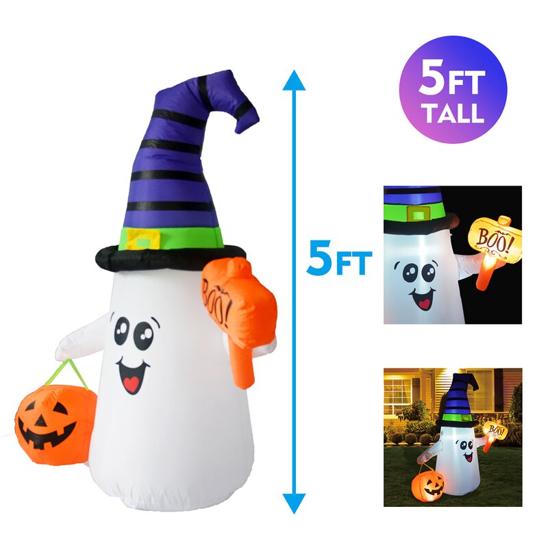 GOOSH Halloween Inflatable 5FT Ghost with Pumpkin Cute Halloween Ghost ...
