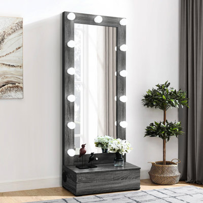 Miroir gris avec tiroir, DEL et haut-parleurs gris, parfait pour les petites maisons préfabriquées