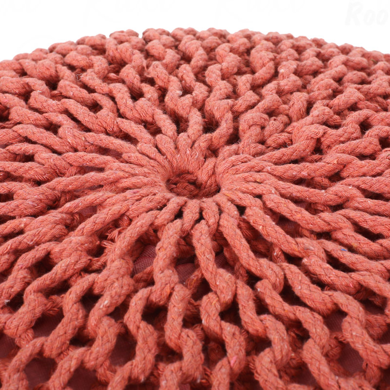 Cotton Upholstered Round Pouf Ottoman, Coral