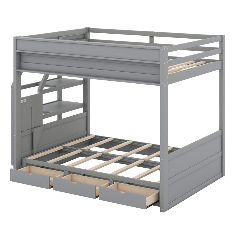 Convertible Bunk Bed With Storage Staircase,Bedside Table,And 3 Drawers, Gray