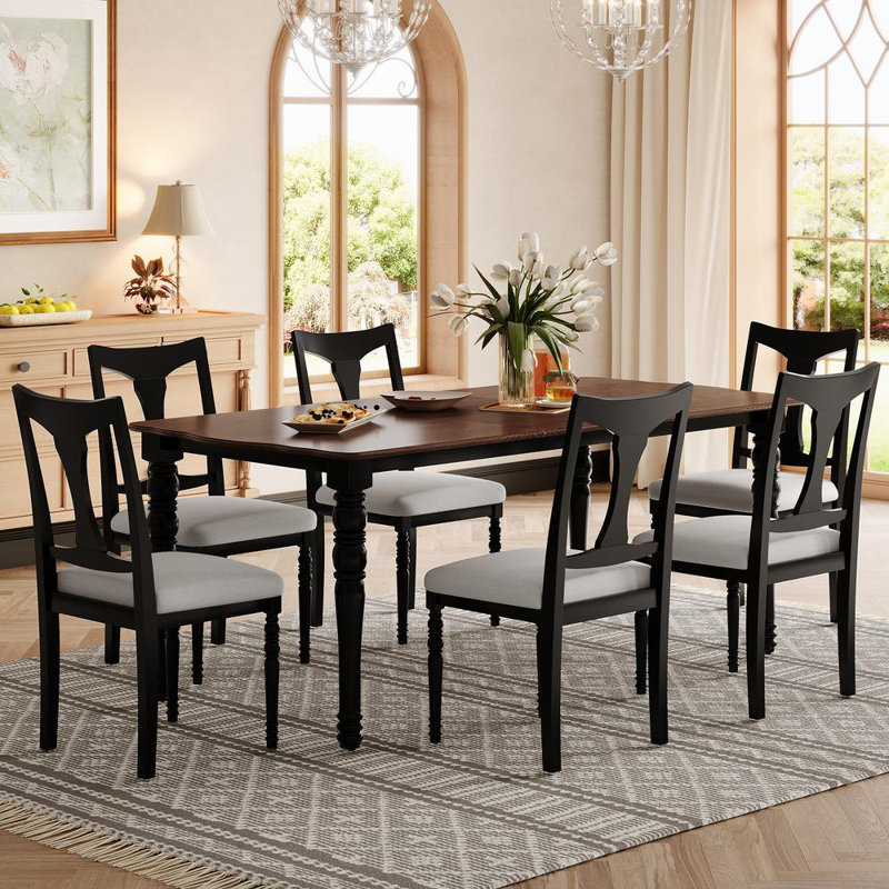 Rectangular Modern Extendable Dining Table Set With 6 Upholstered Chairs Kitchen Dining Room, Brown/Black, Gray/Black