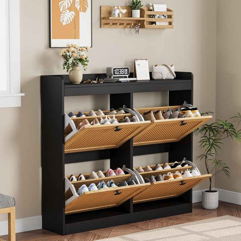 Shoe Storage Cabinet with 4 Flip Drawers, Wood Shoe Cabinet with Rattan Doors and Adjustable Shelves, Black