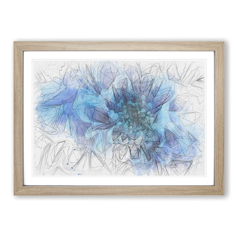 Blue Dahlia Flower - Picture Frame Graphic Art Print, 40cm H x 60cm W x 2cm D, Oak Framed
