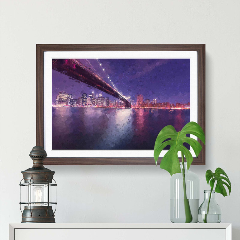 Brooklyn Bridge in New York City in Abstract - Picture Frame Painting Print, 27cm H x 36cm W x 2cm D, Walnut Framed