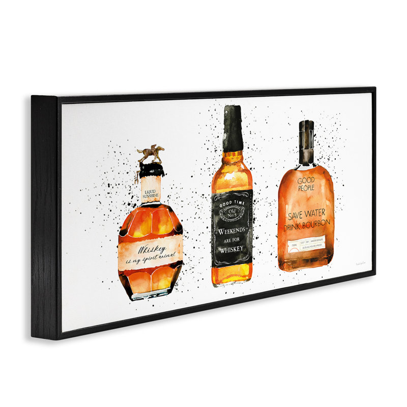 Drôle de bouteilles de whisky encadrées sur bois par Mercedes Lopez Charro, impression, Giclée encadrée noir minuit