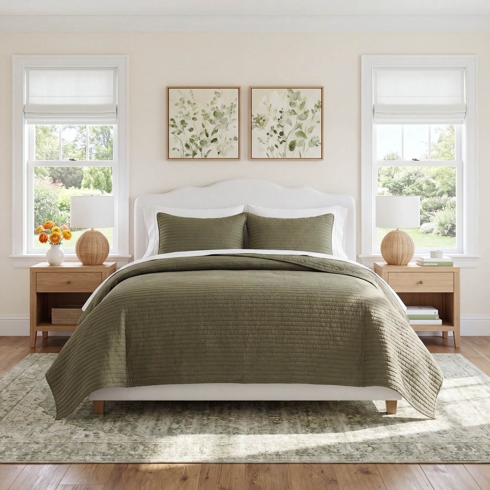 Cotton Sateen Quilt Set, King Quilt + 2 King Shams, Olive Green