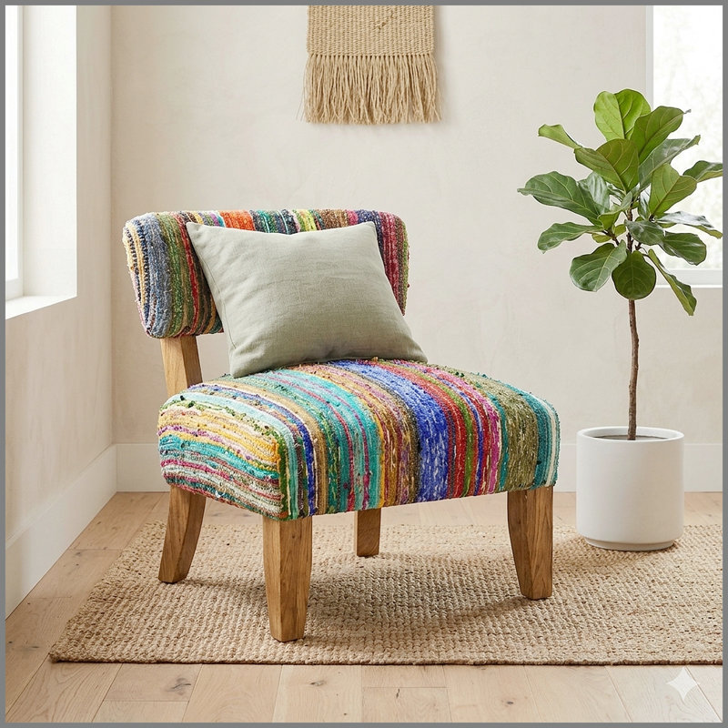 Chaise d'appoint rembourrée en bois, structure en bois d'acacia massif de 25 x 25 x 27 po, chaise longue Boho à coussin en coton tissé à la main multicolore pour le salon