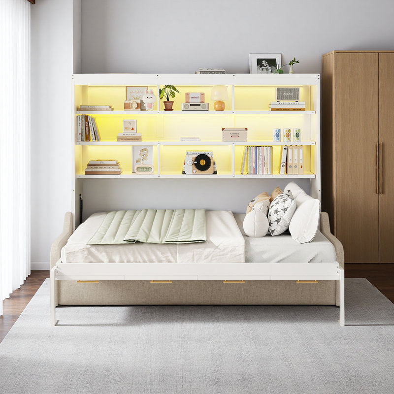 Ensemble de lit escamotable Hideaway avec canapé, tablettes de rangement intégrées et éclairage DEL, Lit double