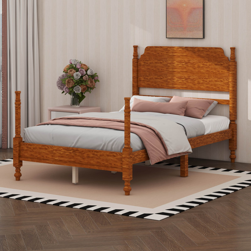 Cadre de lit grand rétro en bois avec tête de lit, Full, Light Walnut