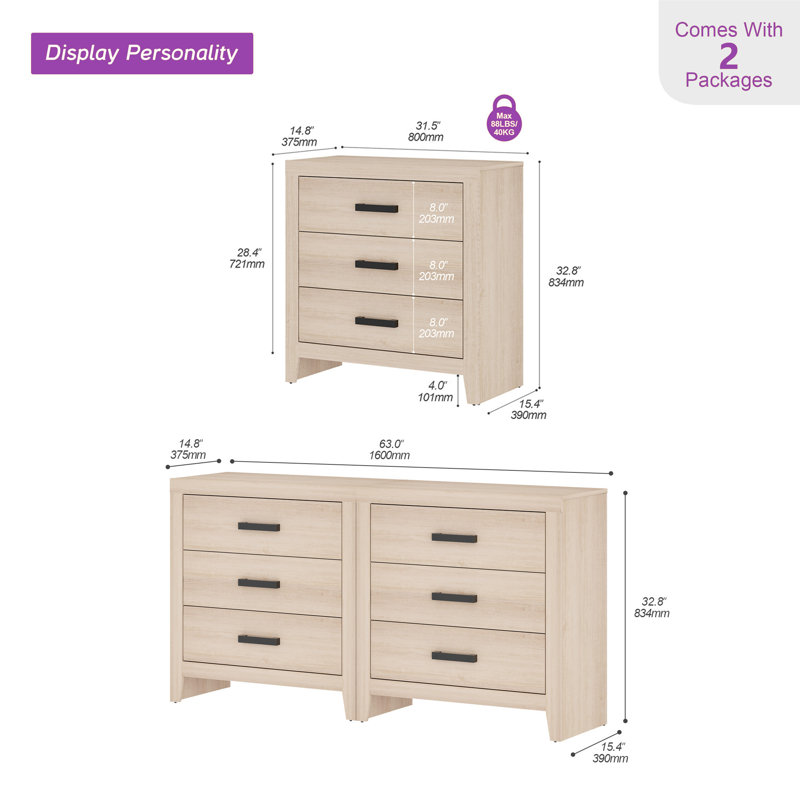 Farmhouse 3 Drawer Dresser Set Of 2, Wooden Chest Of Drawers, Large Nightstand Bedside Table, Modern Closet Storage Organizer For Bedroom, Hallway, Living Room, Living Room, Hallway, Beige