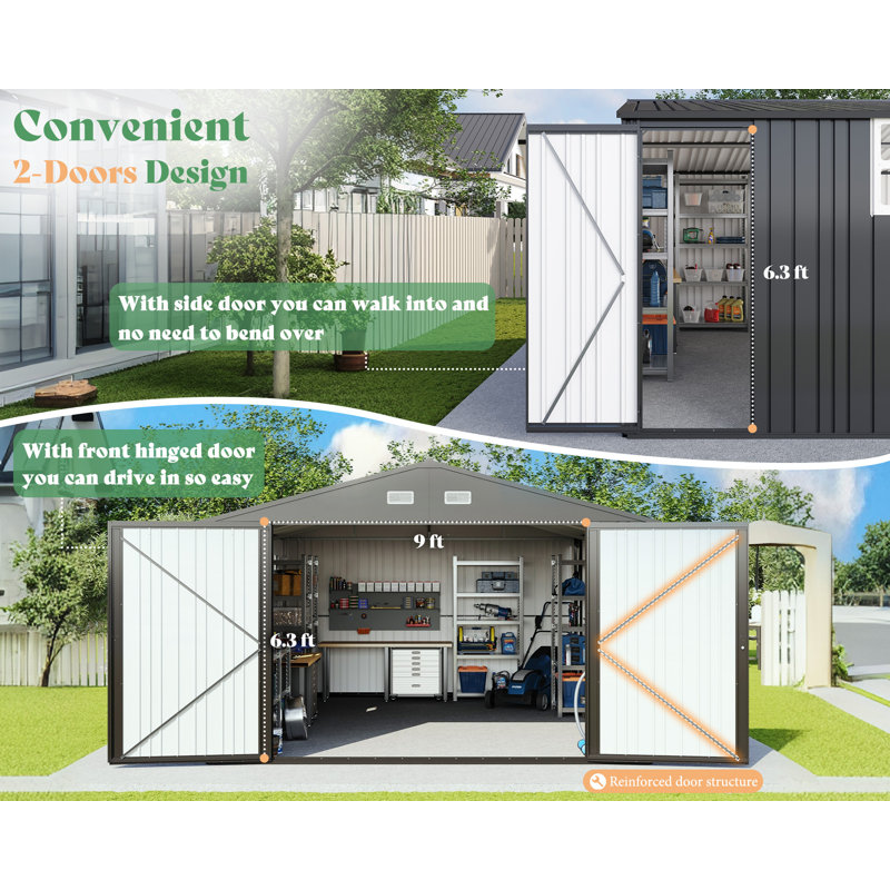 Remise de rangement extérieure Guardian Shelter Series AMERLIFE 13,2 x 21 x 8 pi, grande remise en métal avec 2 portes à double charnière, gris foncé