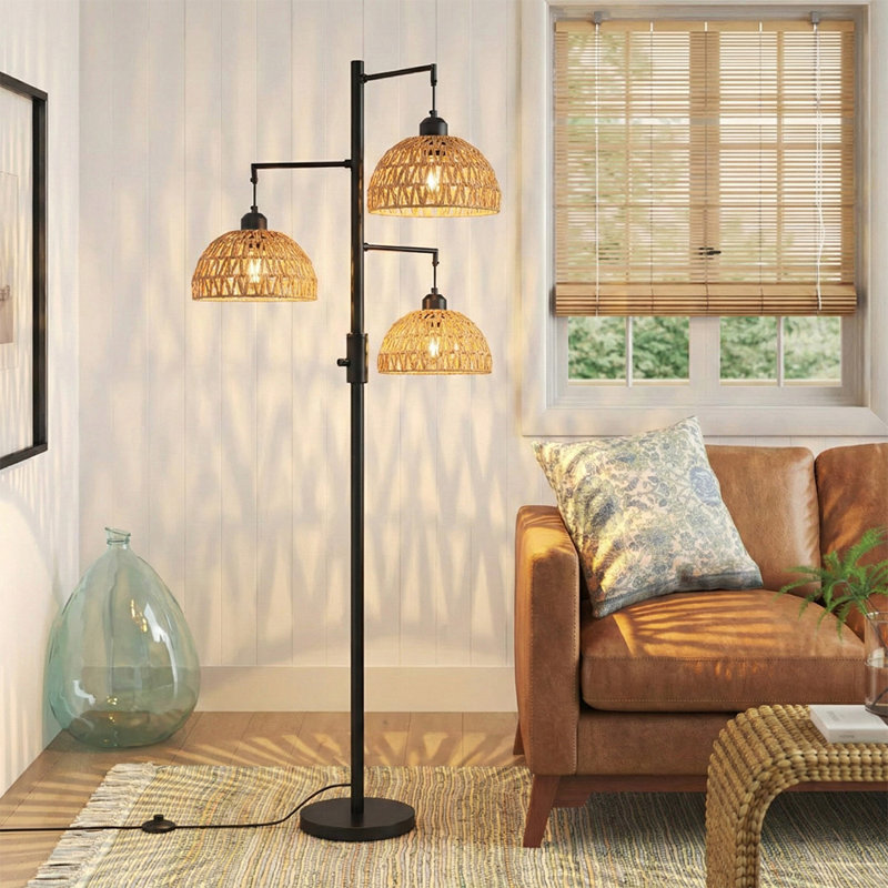 70" Dimmable Tree Floor Lamp 3-Light Boho Rattan Standing Lamp Farmhouse Decor (Bulbs Included)