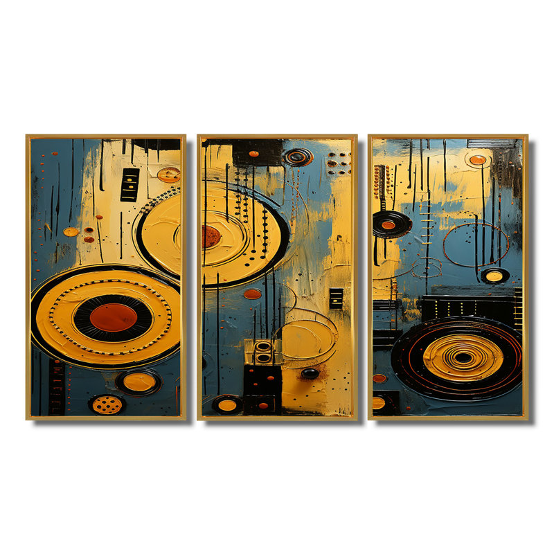 Cercle contemporain contemporain, collage, ensemble d'art mural africain, Cadre flottant doré, H 32 po x l 48 po x P 1 po