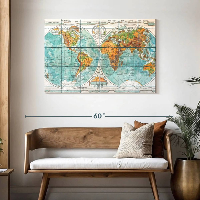 Globe terrestre carte du monde sur toile, H 30 po x l 45 po x P 1,25 po