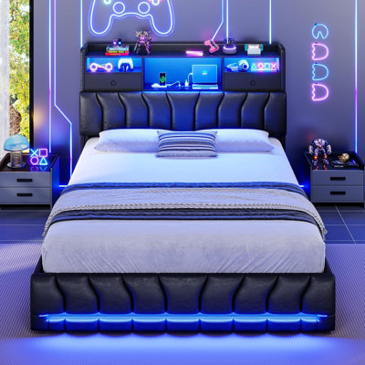 Queen-size Bed Frame With Storage Headboard And Two Large Drawers, Gaming Bed With Rgb Lighting And Charging Station, E-sports Style Bed, No Spring Mattress Required, White.