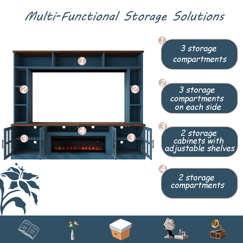 95" W Wall Unit Entertainment Center with Electric Fireplace & Bookshelves for TVs up to 80", Navy Blue, Yes