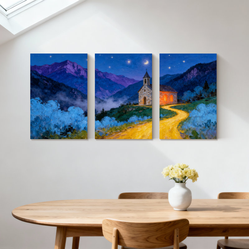 Abstrait, ciel nocturne, montagnes, chemin d'églises, étoiles, ensemble de 3 impressions sur toile, H 36 po x l 72 po