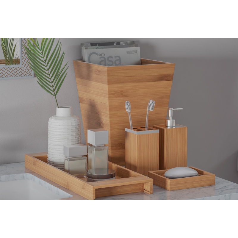 Lavish Home 5-Piece Bathroom Decor Set - Bamboo Vanity Accessories with Trash Bin, Soap Dish, Soap Dispenser, Toothbrush Holder, and Tray
