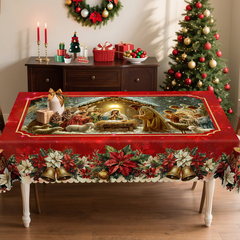 Machine-washable red Christmas Jesus design polyester tablecloth, 86.6" L x 70.8" W