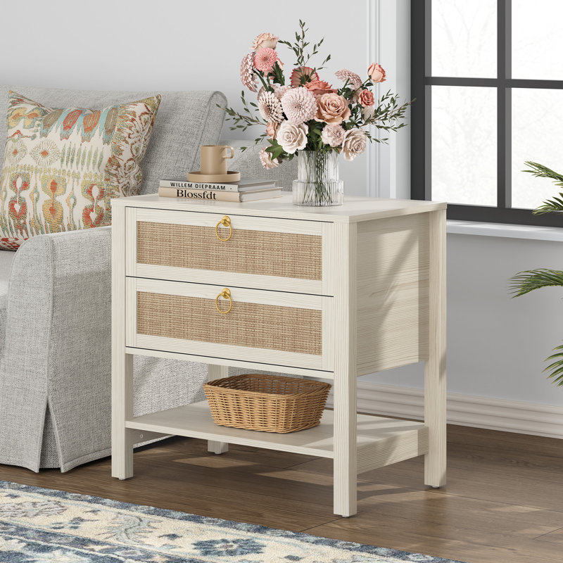 Pomodoro Rattan Nightstand With 2-Drawer And 1 Open Shelf, White