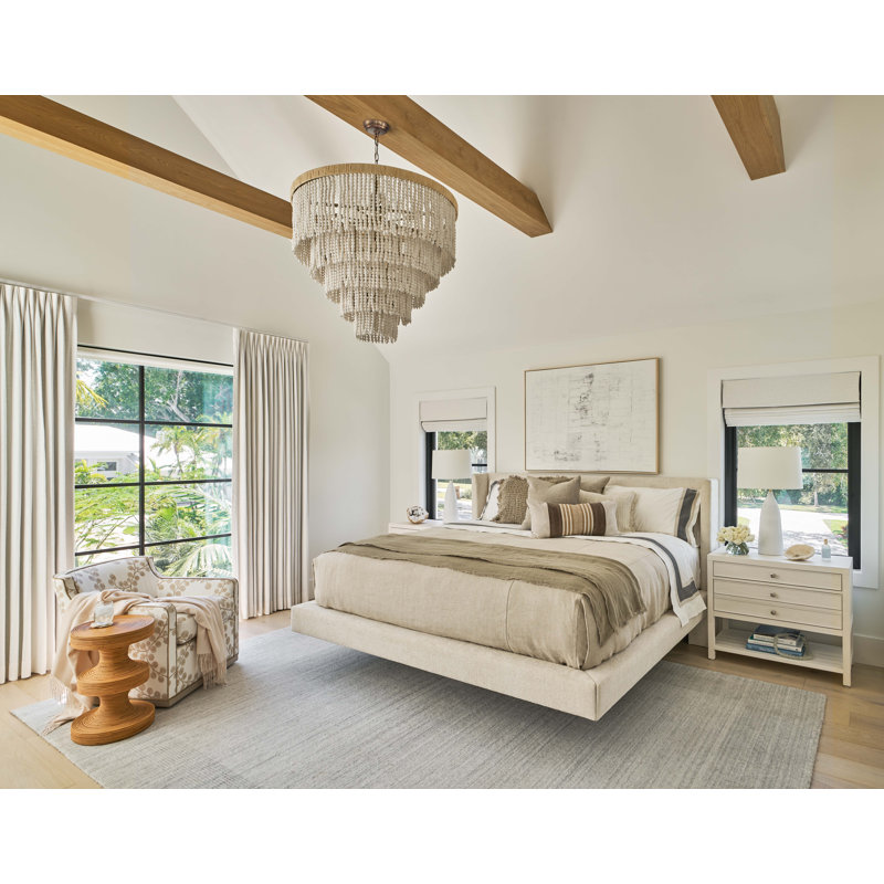 Cream Upholstered King Platform Bed with Wood Frame