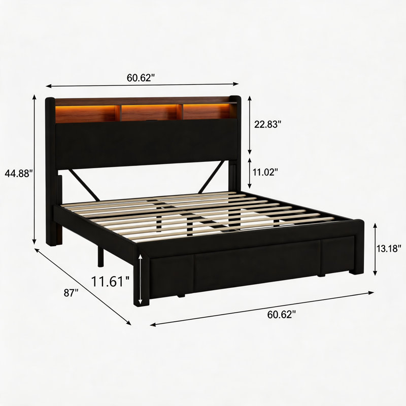Cadre de lit rembourré avec rangement, lumières DEL et chargement USB - noir, Black, Queen