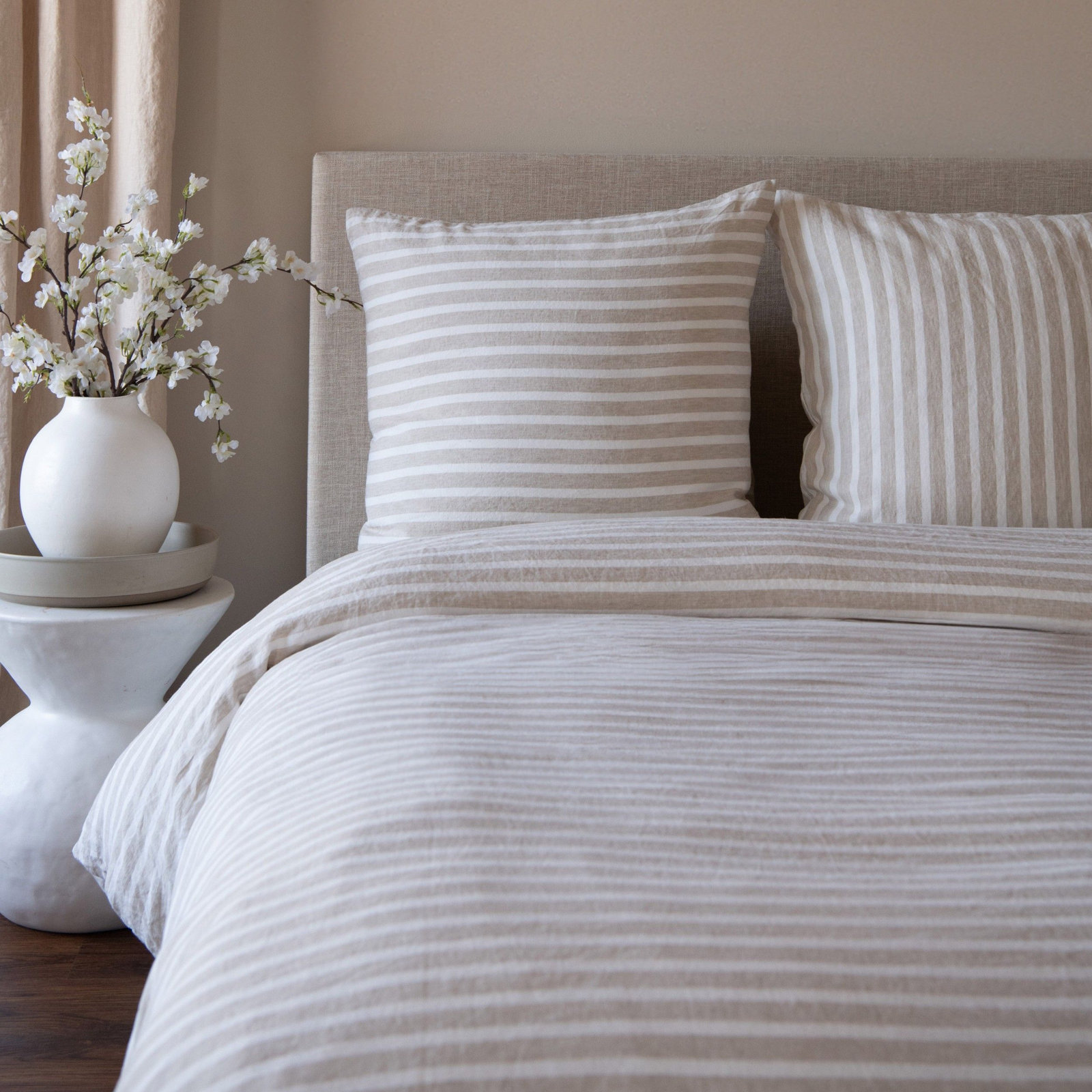 100% French Linen Pillow Sham, Putty & Cream Stripe, Square 26", Down Alternative