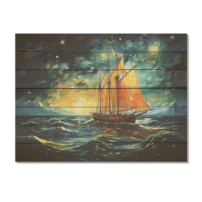 «Moonlight Saiboat Horizon III» - Bateau à voile sur bois, H 10 po x l 20 po