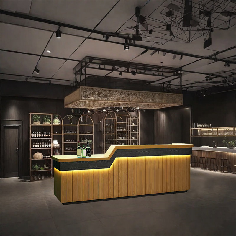 Wine Bar Cabinet with Open Storage, Lockable Drawers, and Hanging Wine Glass Rack – No Assembly Required, Burlywood