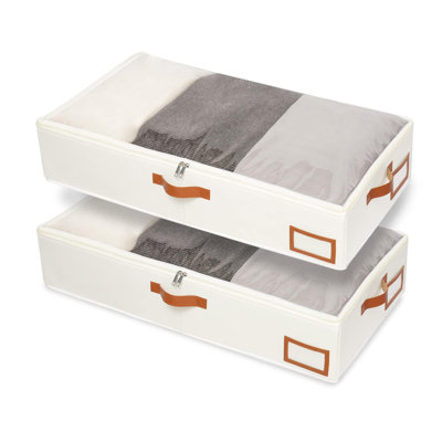 Under Bed Storage, 2 Pack Closet Organizers, Collapsible Container Bags, With Sorting Card Slot And 4 Leather Handles, Beige
