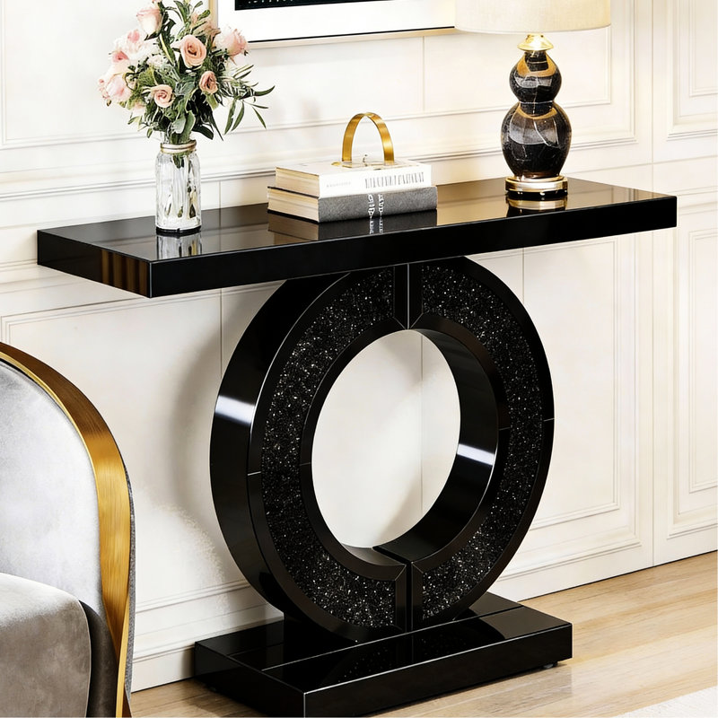 Table d'appoint en forme de O avec miroir et cristal pour entrée - Style moderne, verre, hauteur 79 cm, fabrication artisanale, double piètement, matériaux, profondeur 108 cm