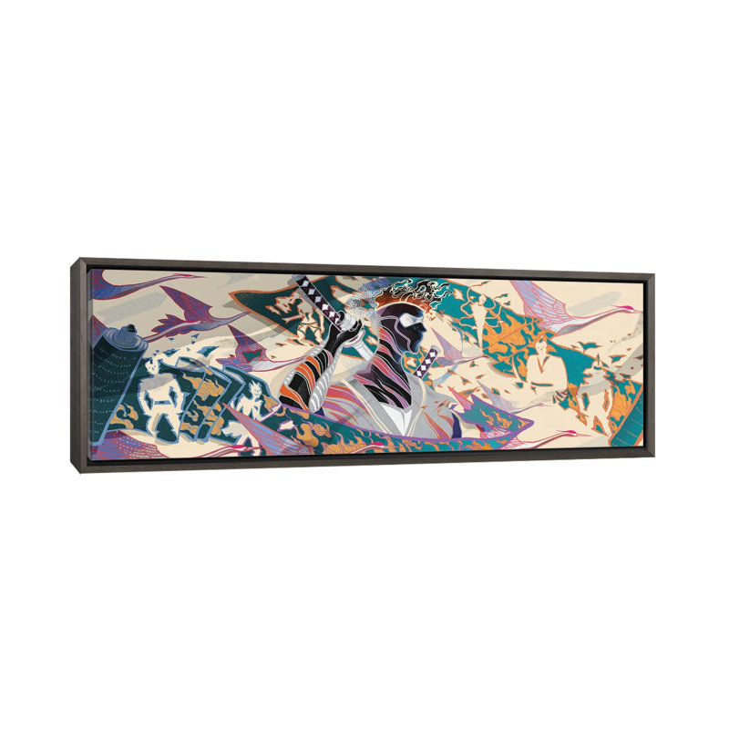 Ninja par Sija Hong - reproduction d'art panoramique, 16" H x 48" W x 1.5" D, Dark Rustic Wood Framed