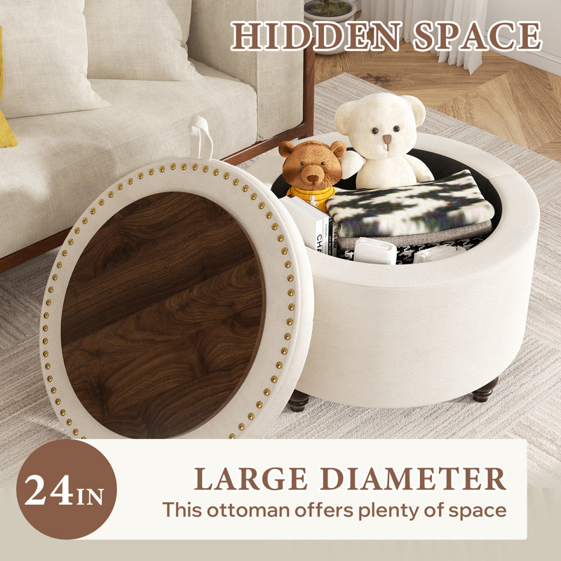 Button-Designed Upholstered Ottoman With Storage, White