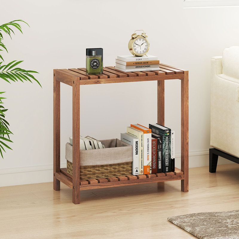 Banc de rangement en teck à 2 niveaux avec 2 tablettes