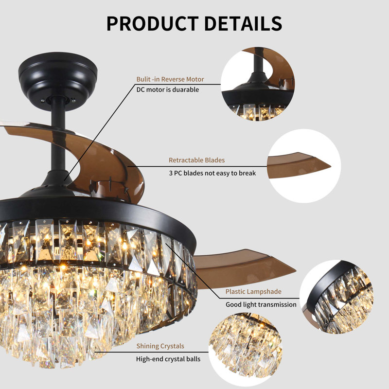 Ventilateur de plafond de 42 po avec ventilateurs de plafond rétractables avec lumières et télécommande 6 vitesses et 3 lumières DEL modifiables en cristal