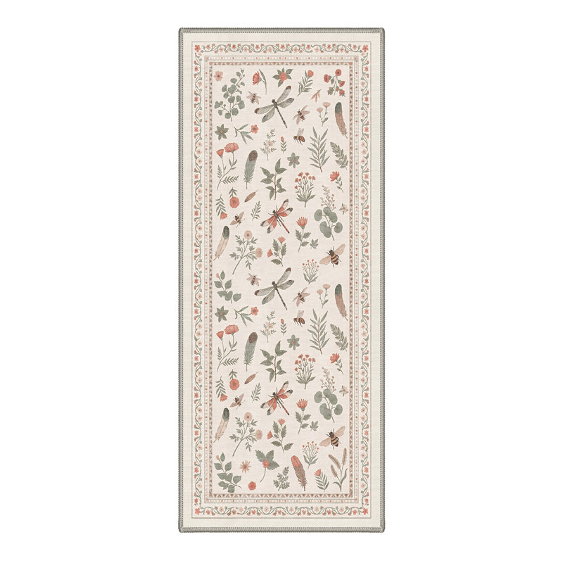 Adonis Wildmere Rustic Machine Washable Beige / Green / Pink Indoor Area Rug with Non-Slip Backing, Runner 2'6" x 8'
