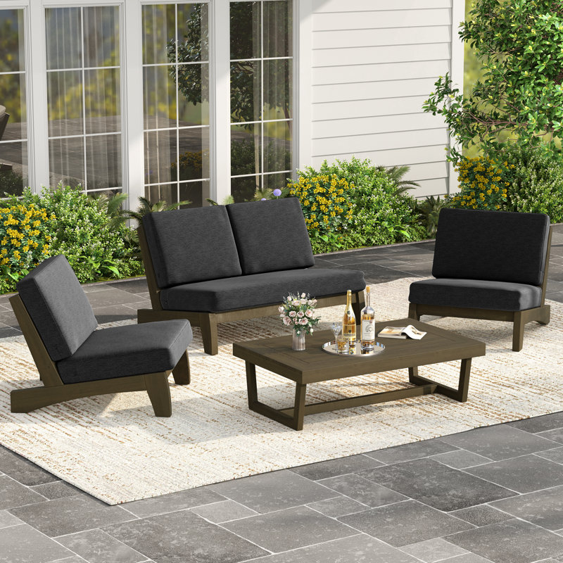 Polett Outdoor Conversation Set Solid Wood Group With Armless Chair And Loveseat And Coffee Table, Brown, Dark Gray