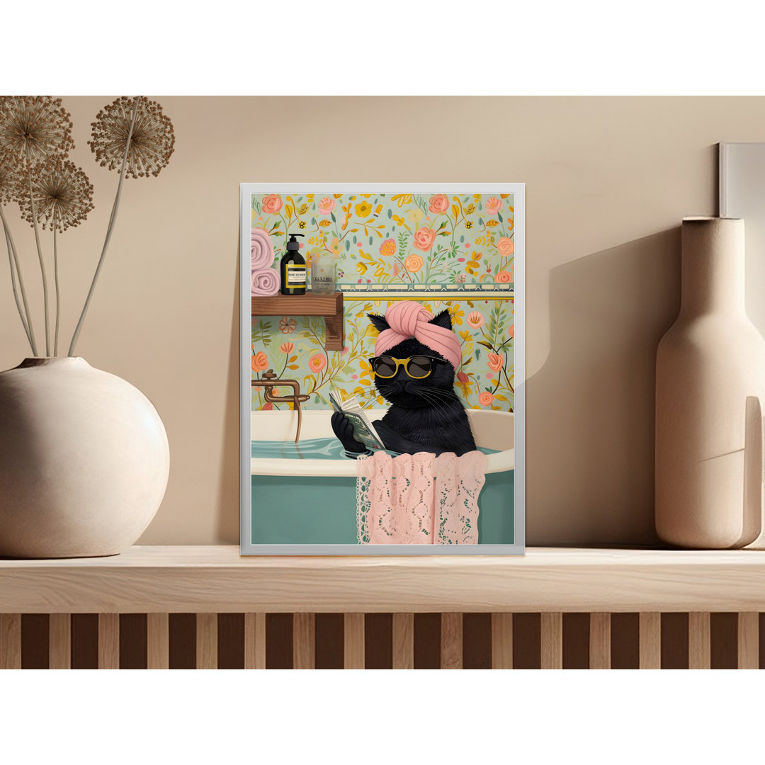Black Cat Taumsauk, Bath Time Print, Funny Cat Art, Cat Lover Gift, Bathroom Decor, Cute Animal Illustration, Framed Taumsauk