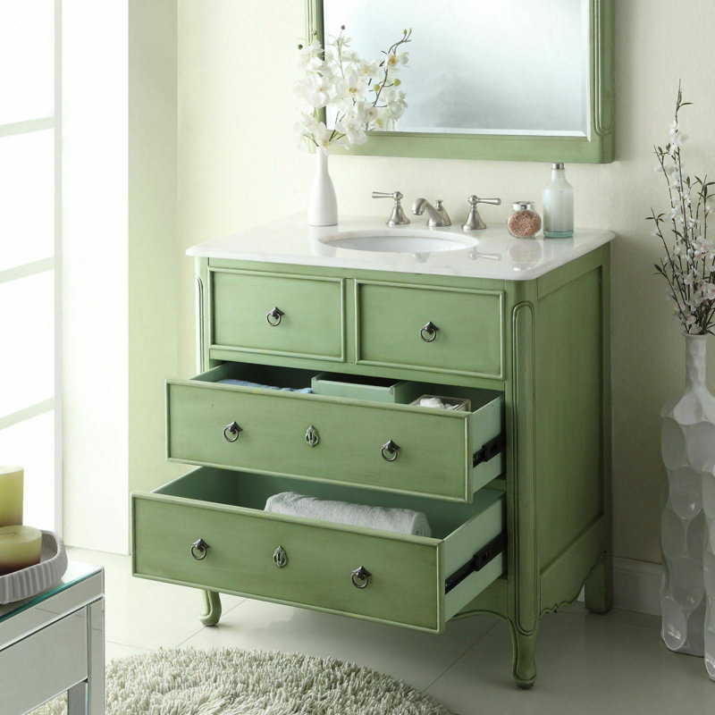 Benton Collection 34 Inch Cottage Freestanding Distressed Green Daleville Bathroom Vanity, Single Sink, Marble Top, Fully Assembled