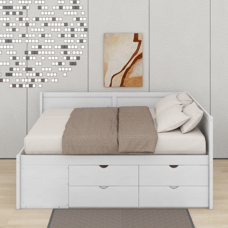 Lit de jour double avec tiroirs et tablettes, Double, Blanc